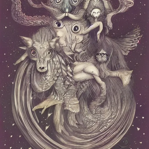 Image similar to strange mythical beasts of whimsy, surreal dark ink wash colllage by Ronny Khalil