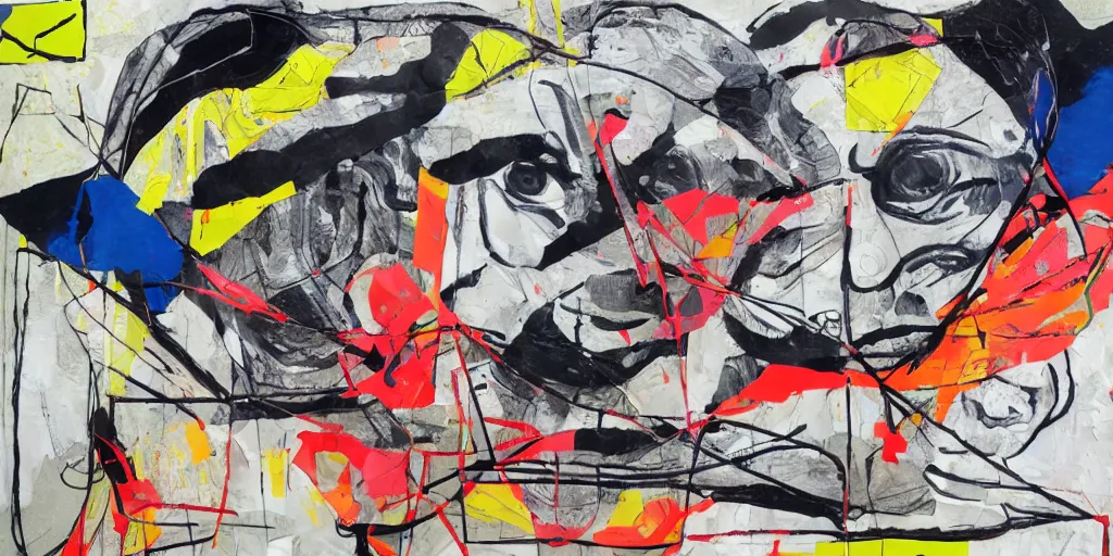 Prompt: mad dog on a chain thick lines with paint, collage paper and tape, acrylic on canvas, expressionism movement, breathtaking detailed, by blake neubert