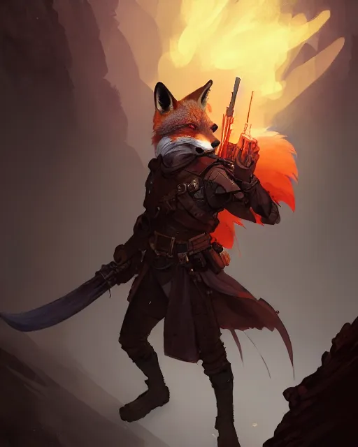 Image similar to Fox Mercenary holding small bag, greedy look, medium shot, D&D, artstation, fantasy, magic the gathering artwork, cinematic lighting, centered, symmetrical, highly detailed, digital painting, , concept art, smooth, sharp focus, illustration, volumetric lighting, epic Composition, 8k, art by Akihiko Yoshida and Greg Rutkowski and Craig Mullins, oil painting, cgsociety