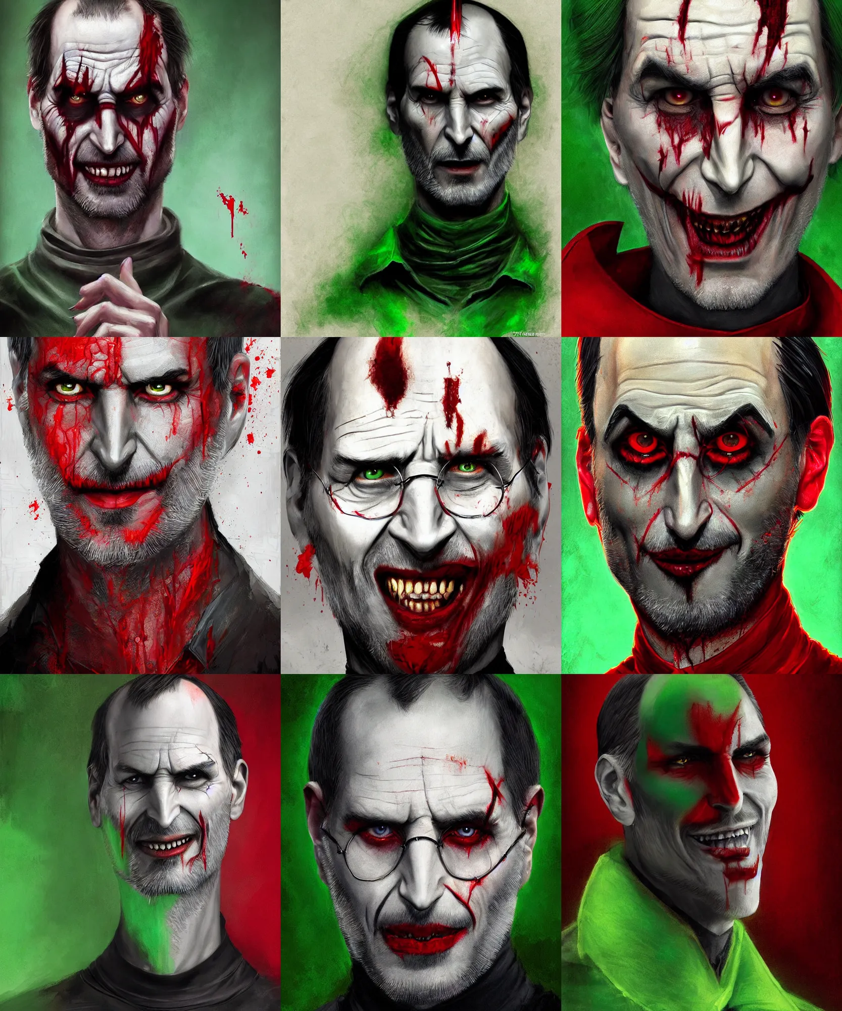 Prompt: digital art painting of steve jobs evil looking dnd portrait, vampire, red eyes, crimson color blood tears, remarkable joker make up, wearing a green jacket painted by craig mullins and gaston bussiere and greg rutkowski, symmetrical face, defined facial features, symmetrical facial features, dramatic lighting, close up