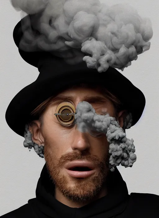 Image similar to an anthropomorphic beautiful male scientist portrait blowing smoke wearing black hoodie robe, binocular, fine art, award winning, intricate, elegant, sharp focus, octane render, hyperrealistic, wizard hat cinematic lighting, highly detailed, digital painting, 8 k concept art, art by jamie hewlett and z. w. gu, masterpiece, trending on artstation, 8 k