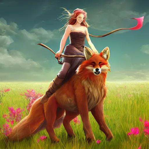 Image similar to girl riding a giant fox in a field of flowers, trending on artstation