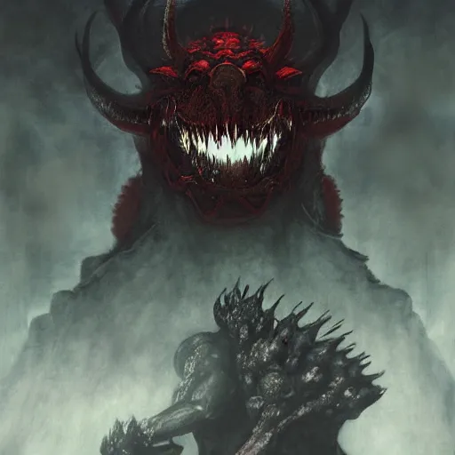 Prompt: concept art of bowser gigantic and demonic with huge horns and scales and talons, resident evil, horror, a painting by beksinski, by ruan jia, by austin osman spare, symbolist painting, mist, volumetric render, digital painting, detailed painting, occult