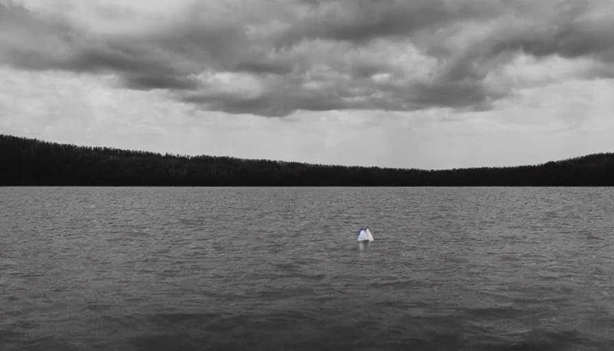 Image similar to photograph of a dark lake, cloudy day, rope floating on or near top of water, snaking towards the center of the lake, anamorphic lens, kodak color film stock