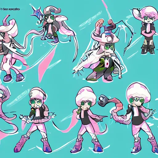 Image similar to Splatoon character concept art, colored lineart, character reference sheet