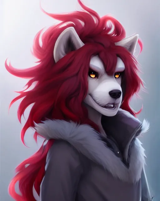 Prompt: character concept art of a dark grey anthropomorphic furry wolf with long red hair | | cute - fine - face, pretty face, key visual, realistic shaded perfect face, fine details by stanley artgerm lau, wlop, rossdraws, james jean, andrei riabovitchev, marc simonetti, and sakimichan, artstation