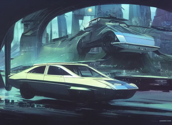 Image similar to a sport sedan car in a future city. style by frank frazetta, peter elson, and eyvind earle.