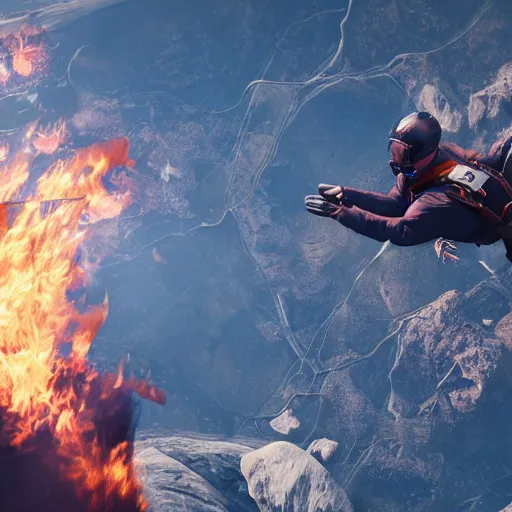 Prompt: prometheus skydiving midair action shot with the fire in one hand the other hand streched to prevent a collission. concept art octane render hyperrealistic unreal engine