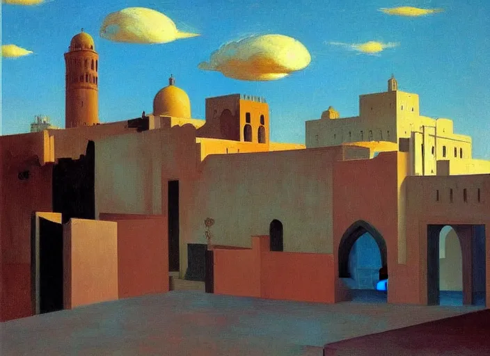 Prompt: old moroccan city, clouds, bird, open ceiling, strange foreign objects, oil painting by edward hopper, chirico and rene magritte