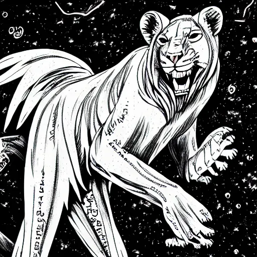 Prompt: winged lioness in outer space, black and white ink on paper, 8k high quality detailed art, trending on art station, manga art, by Eiichiro Oda
