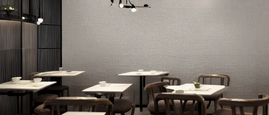 Image similar to a beautiful simple interior 4 k hd wallpaper illustration of small roasted string hotpot restaurant restaurant yan'an, wall corner, from china, yan'an characteristic wall and white tile floor, rectangle white porcelain table, black chair, fine simple delicate structure, chinese style, simple style structure decoration design, victo ngai, 4 k hd