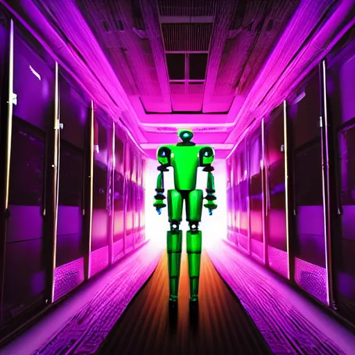 Prompt: robot in data center, cyberpunk, purple colors, digital art