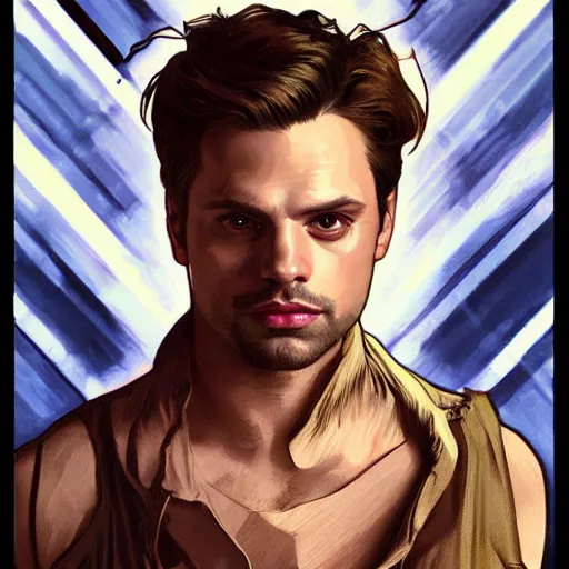 Prompt: Sebastian Stan portrait, painted by Artgerm and Greg Rutkowski and Alphonse Mucha