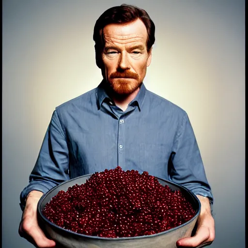 Prompt: tiny bryan cranston's body is a bowl of cranberries, head emerging from cranberries, natural light, sharp, detailed face, magazine, press, photo, steve mccurry, david lazar, canon, nikon, focus