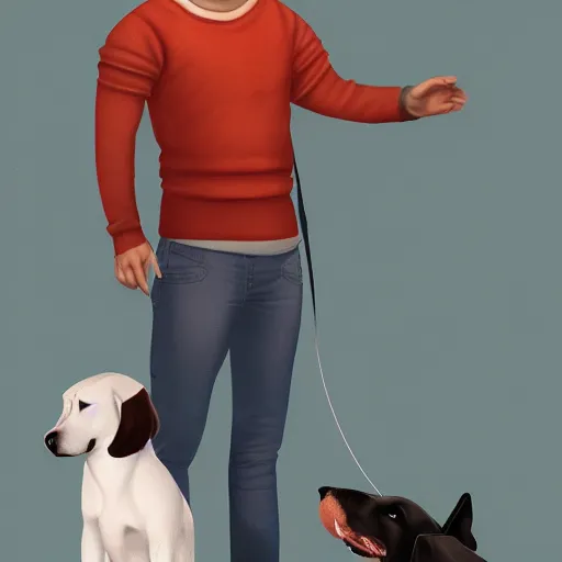 Prompt: human man who hates dogs standing next to a very happy dog, digital painting, ultrarealistic, trending on artstation, 8 k