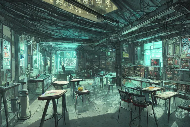 Image similar to Highly detailed Digital concept interior design in style of Hiromasa Ogura and Josan Gonzalez of cyberpunk tavern with stone walls and neon lights, a lot of electronics, many details. Natural white sunlight from the transperient roof. Rendered in VRAY and DaVinci Resolve and MAXWELL and LUMION 3D, Volumetric natural light