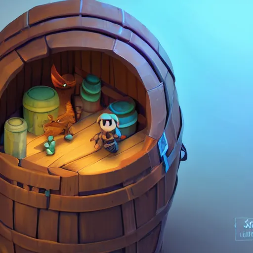 Image similar to isometric 3 d fantasy cute barrel, smoth 3 d illustration, cinematic matte painting, soft render, servando lupini, handpaint texture, blender, 3 dcoat