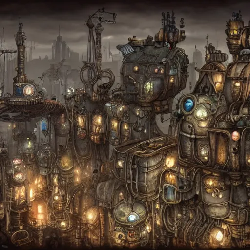 Image similar to machinarium city, steampunk style, fantasy style, super high detail, super high quality, talented artist, trending on artstation