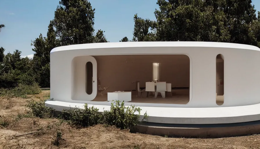 Prompt: A wide image of a full innovative contemporary 3D printed prefab cabin with rounded corners, beveled edges, made of cement, organic architecture, Designed by Gucci and Wes Anderson