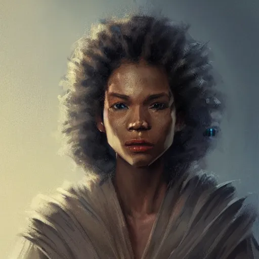 Image similar to portrait of a woman by greg rutkowski, youn jedi knight, black, afro hair, prettt, star wars expanded universe, she is about 2 0 years old, wearing jedi robes, highly detailed portrait, digital painting, artstation, concept art, smooth, sharp foccus ilustration, artstation hq