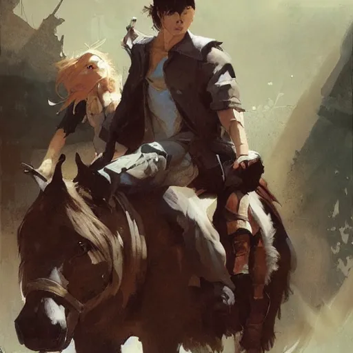 Image similar to a group of people riding on the backs of horses, a storybook illustration by krenz cushart and phil hale, pixiv contest winner, fantasy art, official art, concept art, storybook illustration. detailed masterpiece.