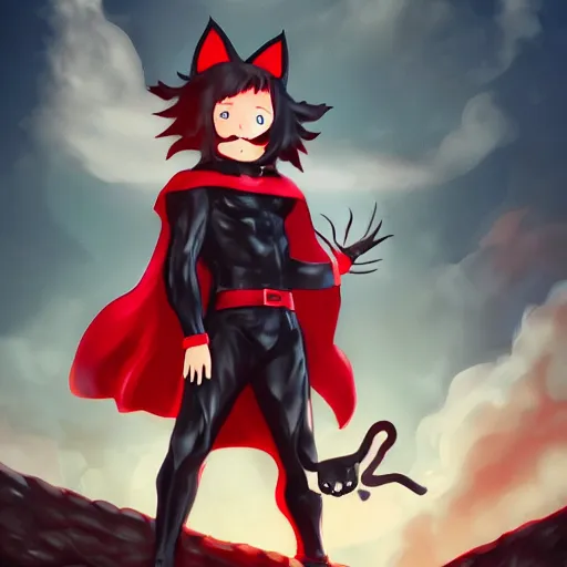 Image similar to little boy with cat ears in an black latex suit with red cape. digital artwork made by lois van baarle and kentaro miura, sharpness focus, anatomically correct, heroic composition, hero pose