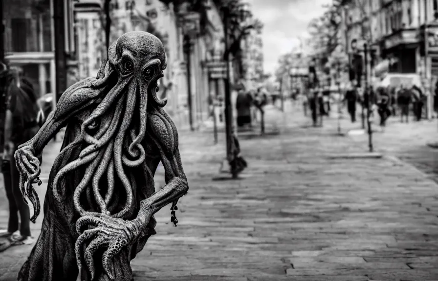 Prompt: a candid street photo of cthulhu in the city, casual clothing, modern fantasy photography, sharp focus, 4k