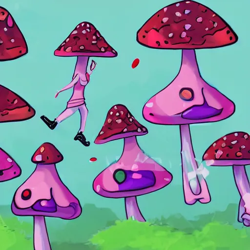 Image similar to anamorphic cartoon mushrooms dancing and having fun