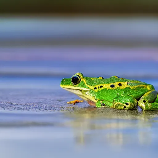 Image similar to photograph of a frog on a surfboard, catching a wave, high quality, clean, sharp focus, enhanced colors, hd, 8k