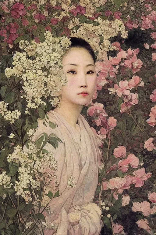 Image similar to close - up fashion asian woman portrait airy flowers sacura cloudy sky art by vasnetsov