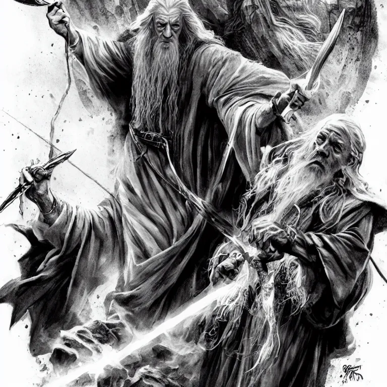 Image similar to lord of the rings black and white tattoo of gandalf by greg rutkowski