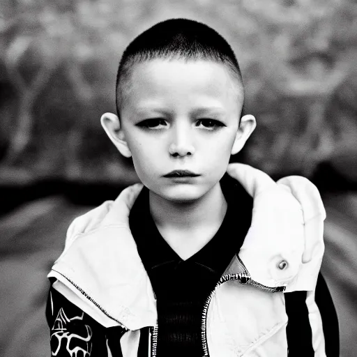 Image similar to the face of punk rock alien boy at 5 years old wearing balenciaga clothing, black and white portrait by julia cameron, chiaroscuro lighting, shallow depth of field, 8 0 mm, f 1. 8