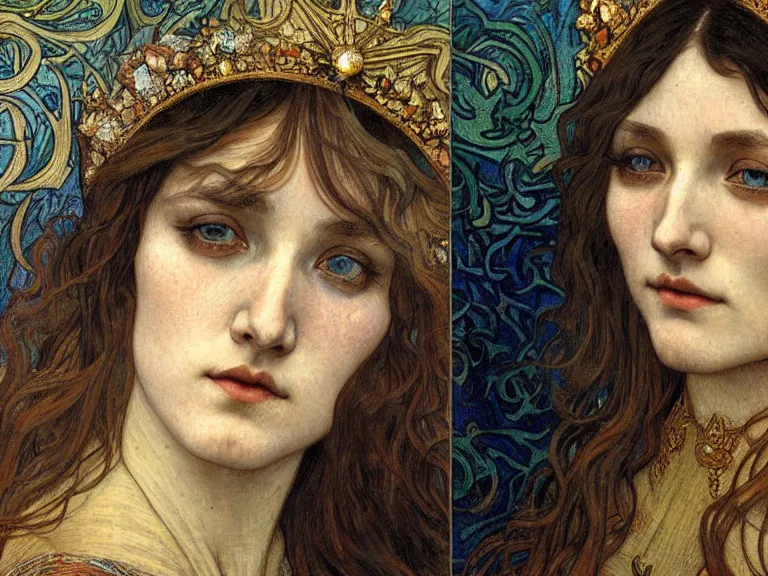 Image similar to detailed realistic beautiful young medieval queen face portrait by jean delville, alphonse mucha, vincent van gogh, and marco mazzoni, art nouveau, symbolist, visionary, gothic, pre - raphaelite