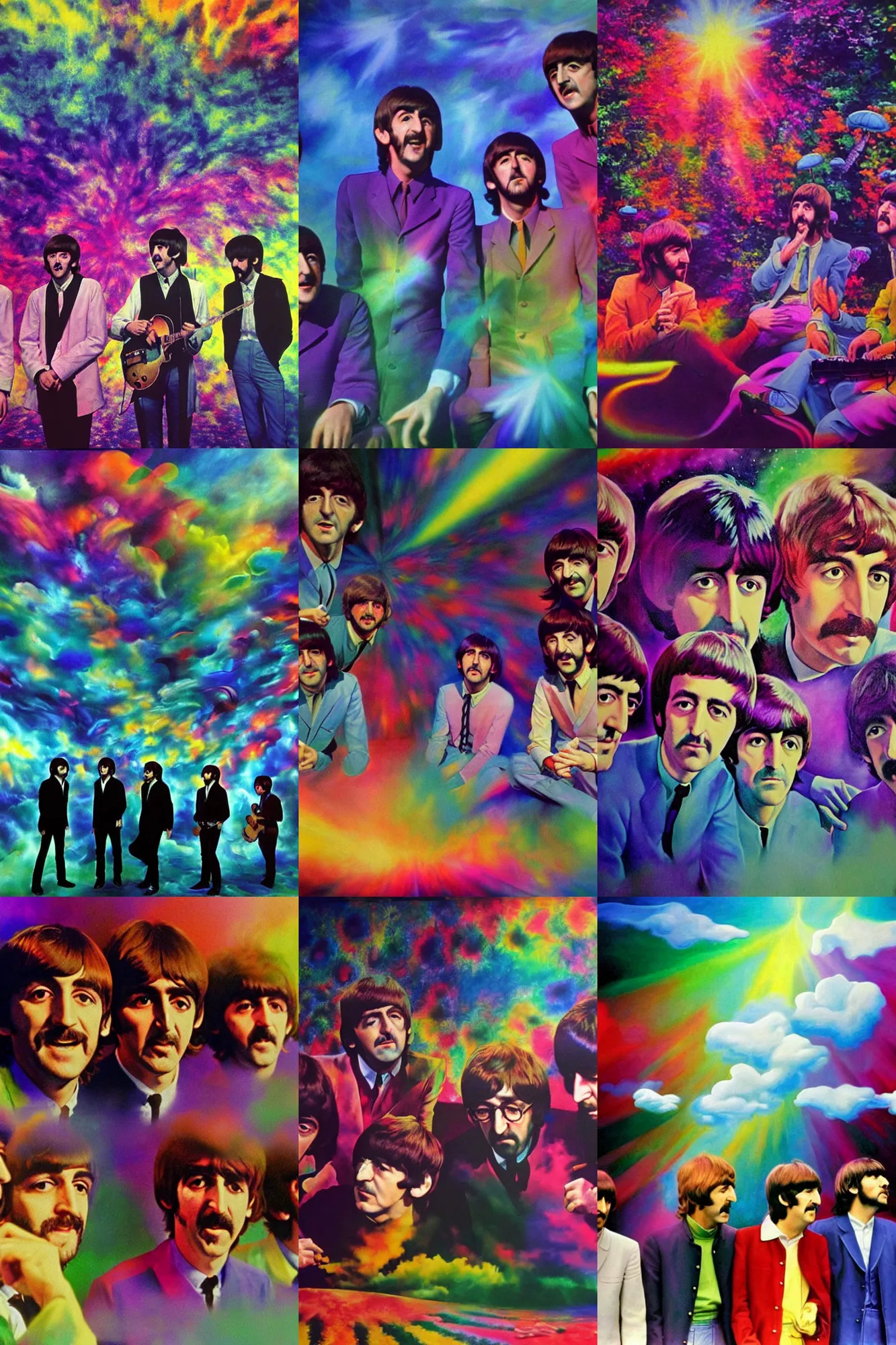 Prompt: the beatles on magic mushrooms looking at hallucinations in the clouds at the apple studios, photorealistic painting, volumetric light, dizzy and colorful and psychedelic