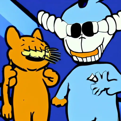 Prompt: sans from undertale and garfield locked in an epic battle, surreal