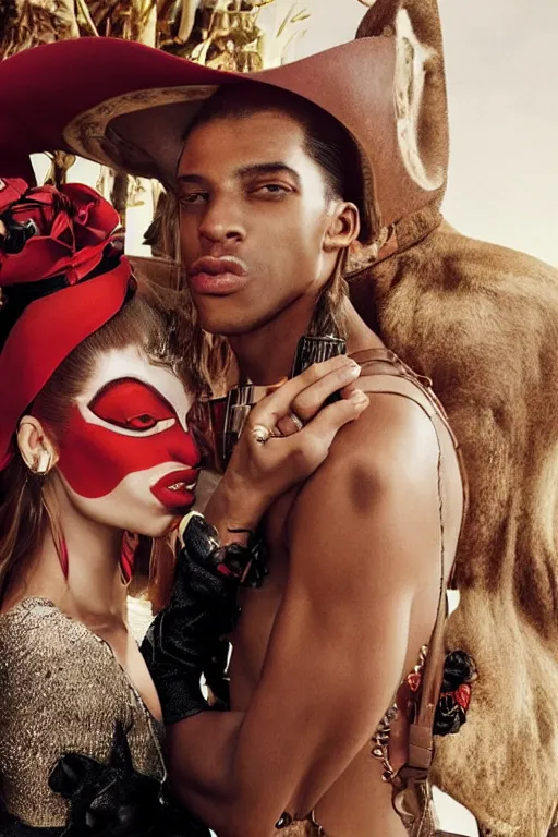Image similar to dolce & gabbana campaign featuring jar jar binks as a female cowgirl, long eyeslashes, huge juicy lips, big seductive eyes, shot by mario testino, realistic vfx simulation