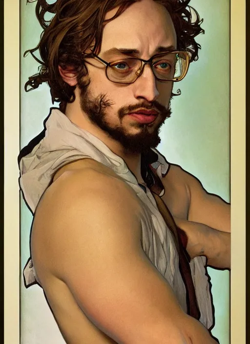 Prompt: Gigachad Sam Hyde puffing his chest, sigma male, accurately portrayed, portrait art by alphonse mucha and greg rutkowski, highly detailed, digital painting, concept art, illustration, dim lighting with twilight rays of sunlight, trending on artstation, very detailed, smooth, sharp focus, octane render, close up