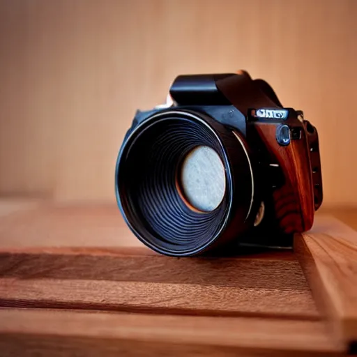 Image similar to camera lens aperture blades made of walnut wood. minimal. dramatic lighting.