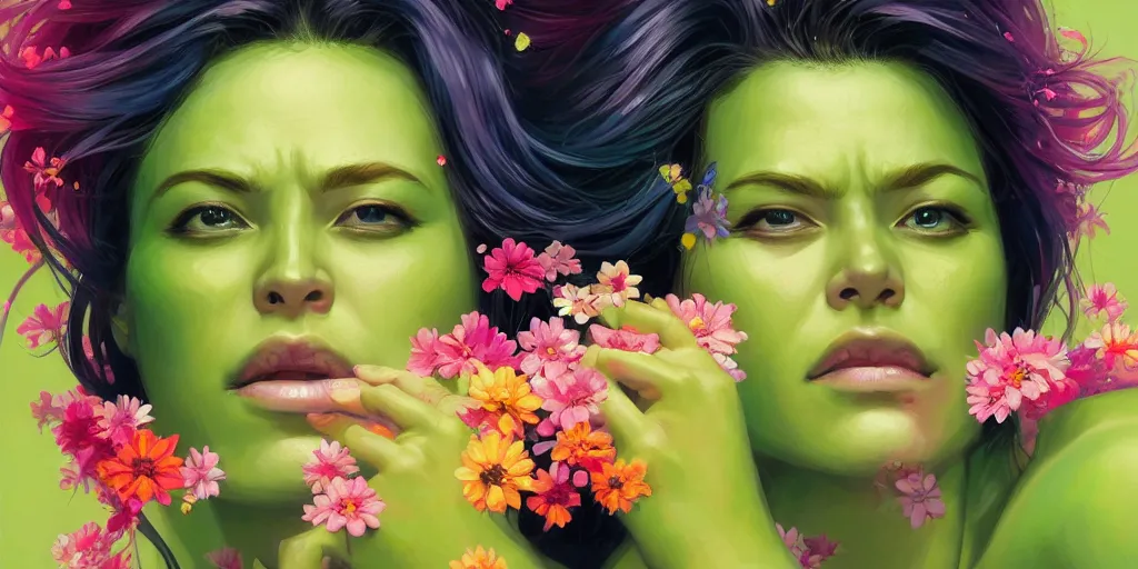 Image similar to A ultradetailed beautiful portrait panting of a She-Hulk with a colorful explosion of flowers coming out of her neck, Oil painting, by Ilya Kuvshinov, Greg Rutkowski and Makoto Shinka