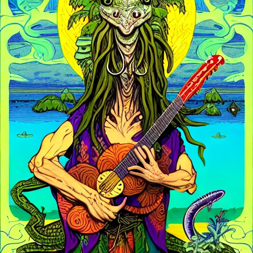 Prompt: amphibious pagan hippy god with crocodilian head and mantis wings. he holds a guitar and smokes a coconut pipe. vivid tones. smooth concept art, 4 k matte portrait by rebecca guay and dan mumford, trending on artstation, pagan wicca. delightful charming digital painting