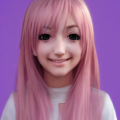 Image similar to Render of Nikki from Shining Nikki Dress-Up Game, a cute 3D anime young woman, long light pink hair, full bangs, full round face, hazel amber eyes, pale skin, Chinese heritage, smiling softly, wearing casual clothing, medium shot, mid-shot, comfortable mood, hyperdetailed, trending on Artstation, Unreal Engine 4k