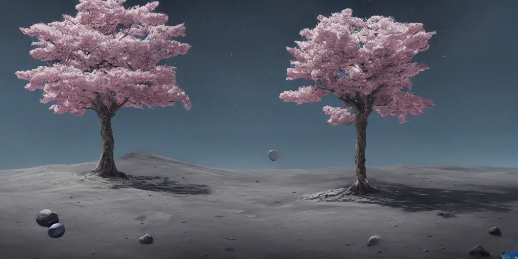 Prompt: A sakura tree growing on the moon, cinematic lighting, detailed oil painting, hyperrealistic, 8k