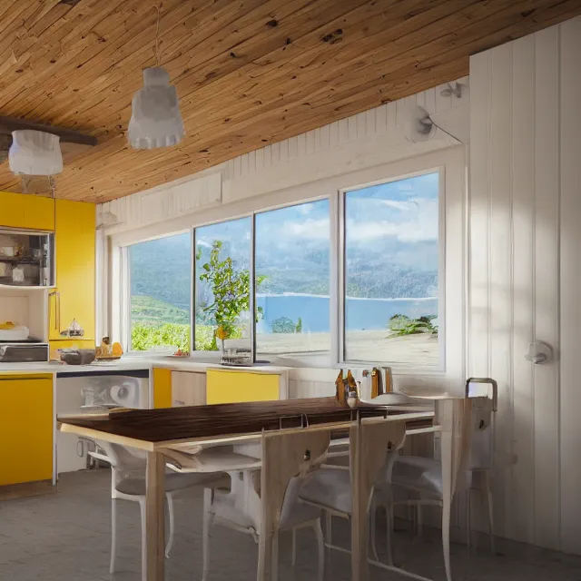 Prompt: kitchen interior in a wooden a frame cabin, yellow cabinets and white walls, vintage fridge, large window in back with ocean scenery, marble countertops, leather couch, realistic, unreal engine render, octane render, hyper realistic, photo, 8 k