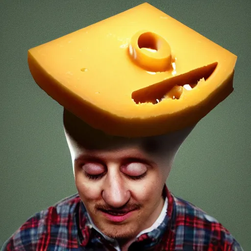 Prompt: anthropomorphic cheese wedge, man with cheese for a head, cheese wedge man. man is similar to a golem of cheese. This man is made COMPLETELY of cheese!