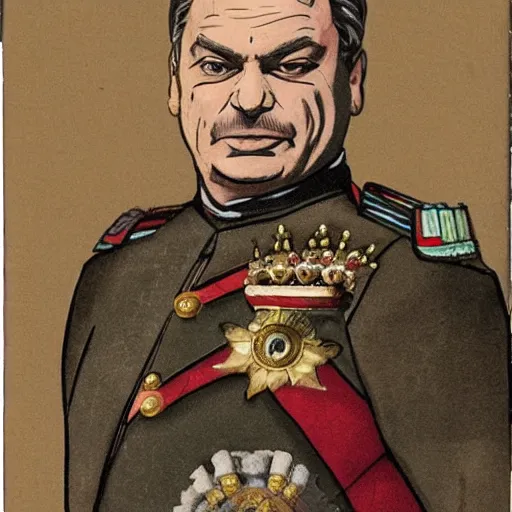 Image similar to id photo of a viktor orban in emperor outfit, art by peter sato