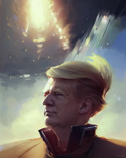 Image similar to donald trump in a spaceship pilot dress, portrait, illustration, rim light, top light, perfectly shaded, spring time, slight overcast lighting, soft painting, art by krenz cushart and wenjun lin