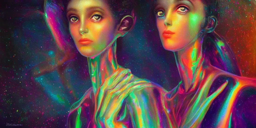 Image similar to patron saint of 🛸🌈👩🏾, futuristic iridescent clothing, wormhole, nebula, black hole, multiverse, neon god of city character portrait, in the style of margaret keane, moebius, tom bagshaw, and waterhouse, cinematic lighting, beautiful, elegant, oil painting,