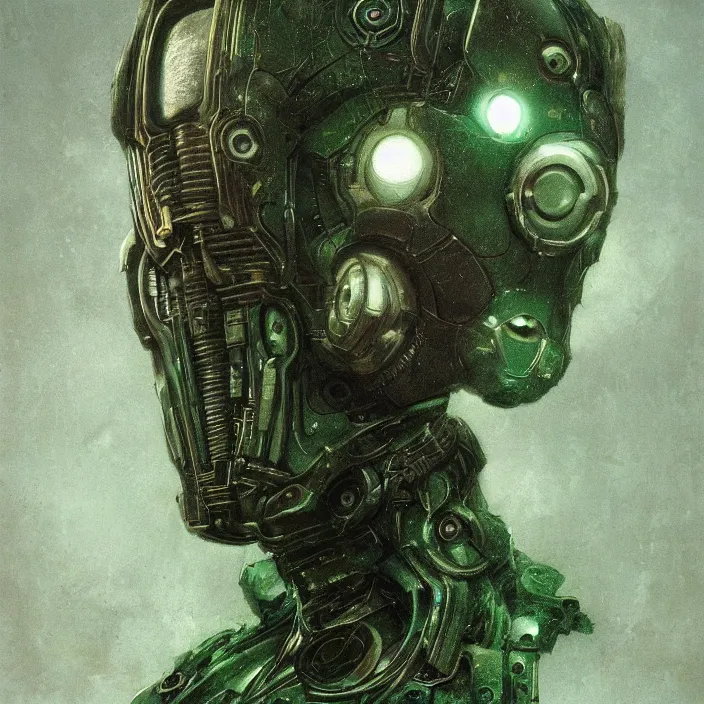 Prompt: portrait of a green Ultron from Age of Ultron, clockwork steampunk, heand and chest only, by Beksinski, 4k, deviantart, trending on artstation