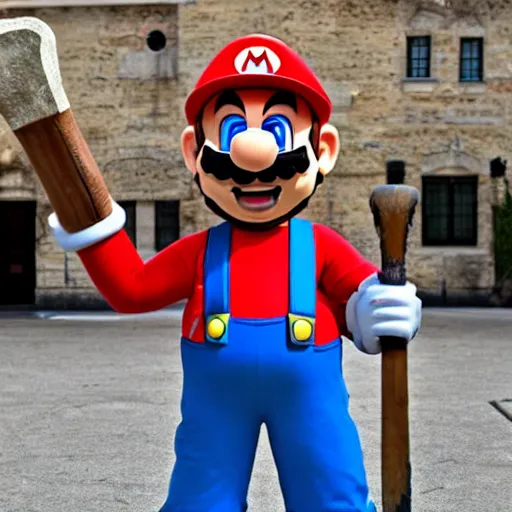 Prompt: Super Mario as an executioner holding an axe, overcast day, town square