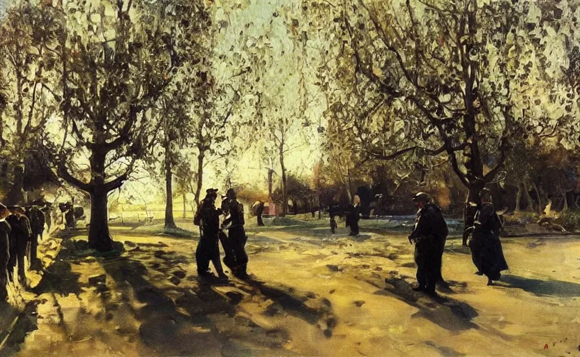 Image similar to oil painting lanscape by anders zorn, nature, fruit trees, very very very very beautiful art, dramatic light, police arrests, police violence, police in street with police cars